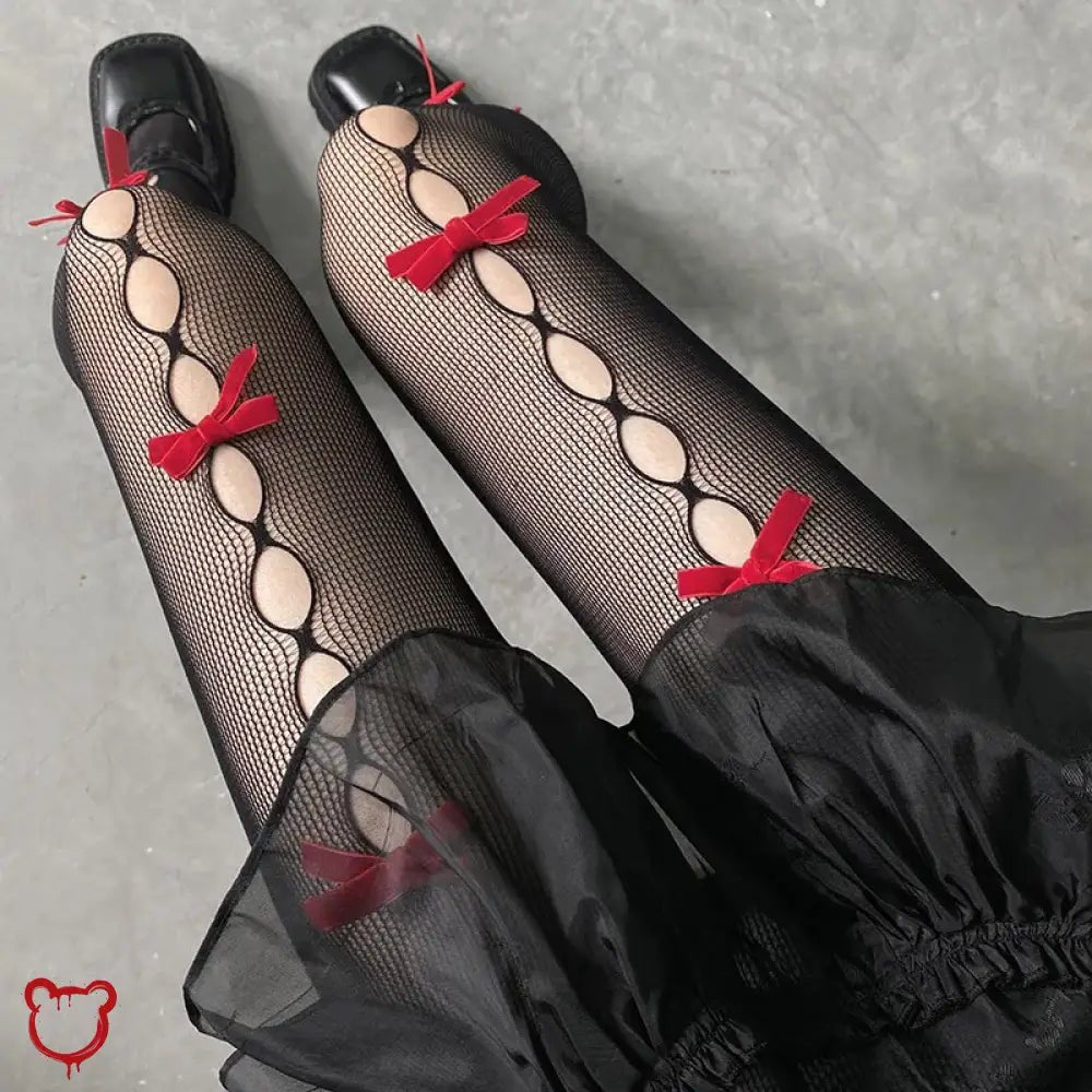 Lace Mesh Tights: Red Bows & Holes - The Cursed Closet