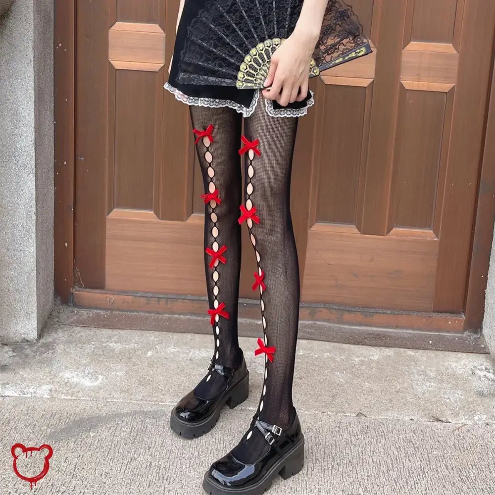 Lace Mesh Tights: Red Bows & Holes - The Cursed Closet