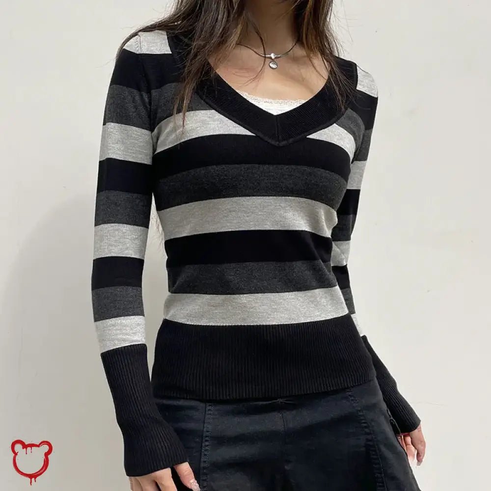 Monochrome V - Neck Striped Sweater - The Cursed Closet