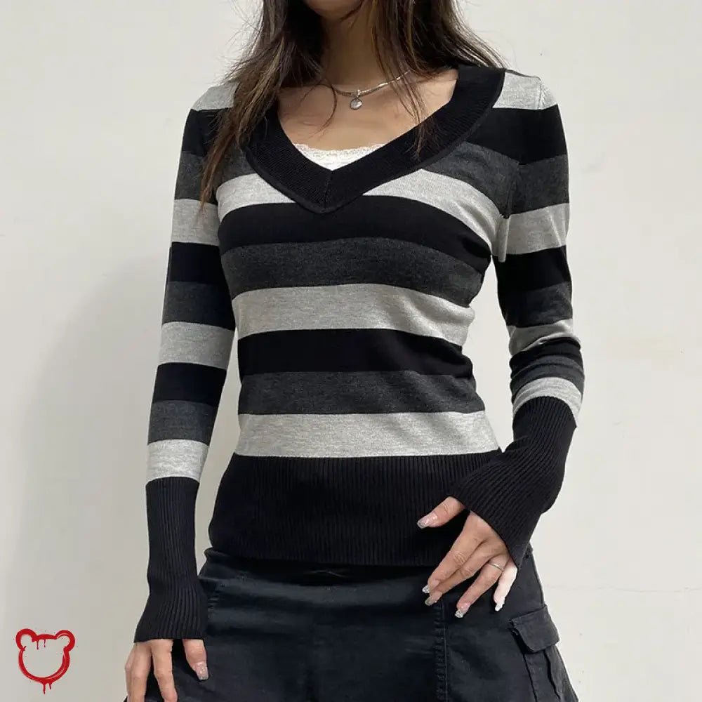 Monochrome V - Neck Striped Sweater - The Cursed Closet