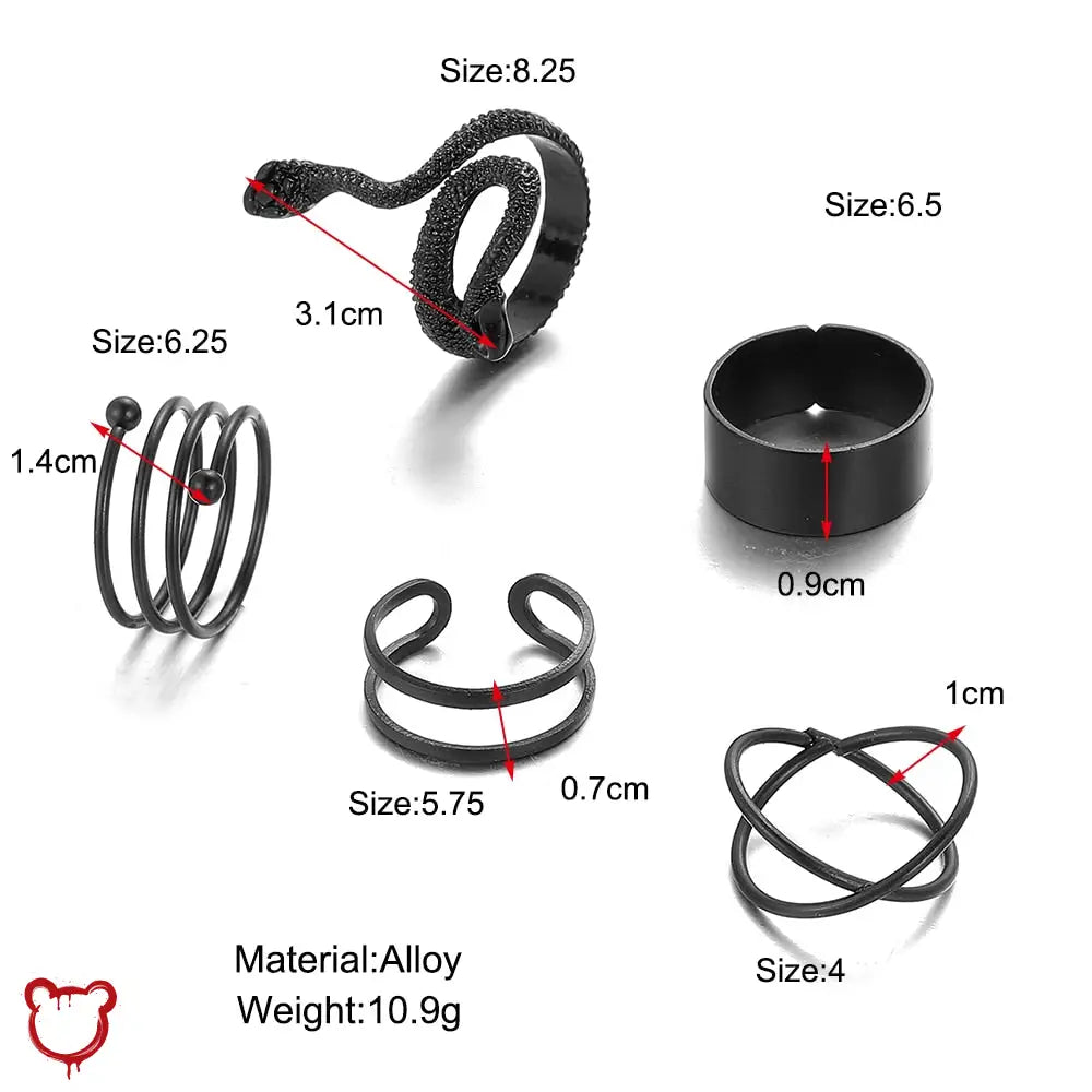 Punk Serpent Black Ring Set Accessories
