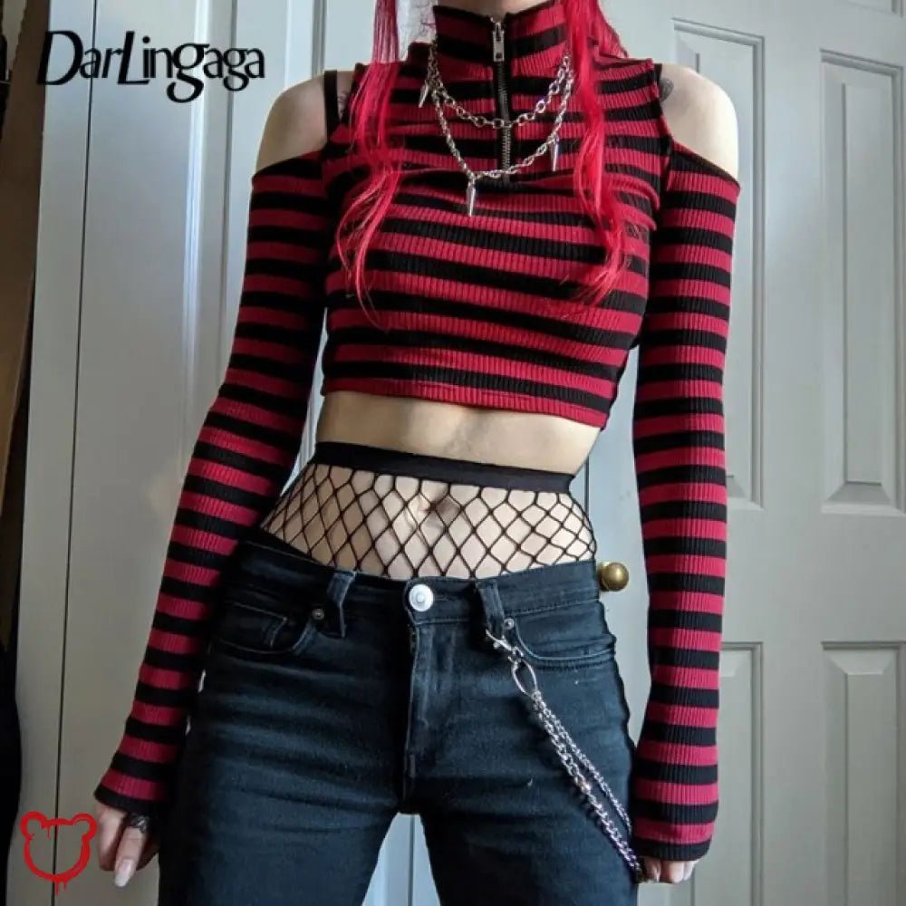 Red Stripe Cold Shoulder Top - The Cursed Closet