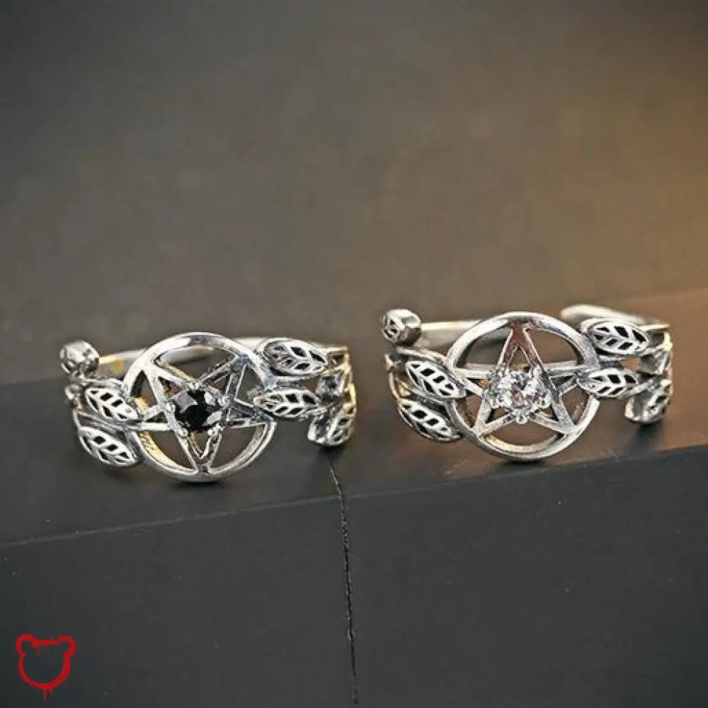 Silver Pentagram Stone Ring - Black/Clear - The Cursed Closet