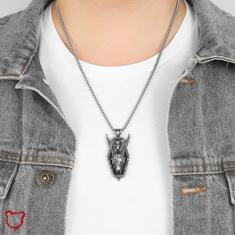 Skull Horn Necklace - Stainless Steel - The Cursed Closet
