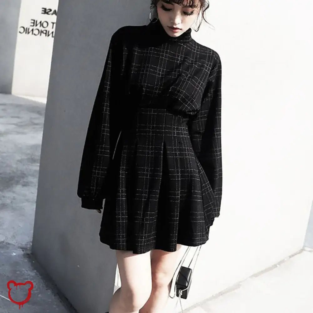 Sorrowful Plaid Puff Sleeve Dress or Black Grey Plaid Puff Dress - The Cursed Closet
