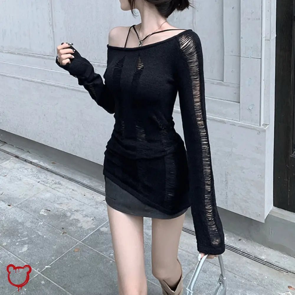 Split Distressed Sweater - Black - The Cursed Closet