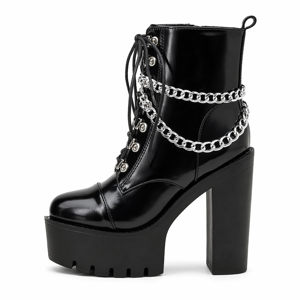 "Black Gothic Chain Ankle Boots" black shoes