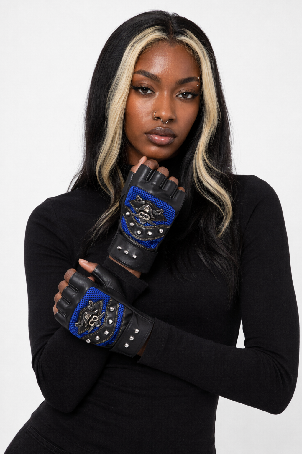 Black/Blue Studded Leather Gloves Blue