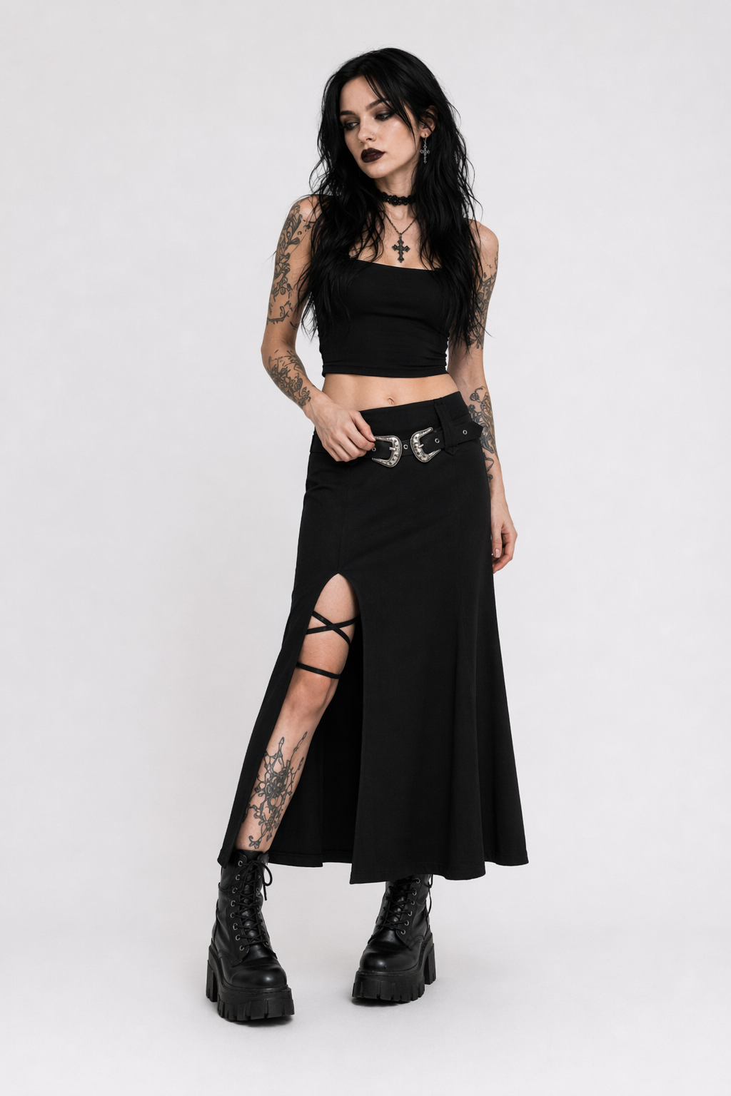 Black Belted Lace-Up Skirt Black