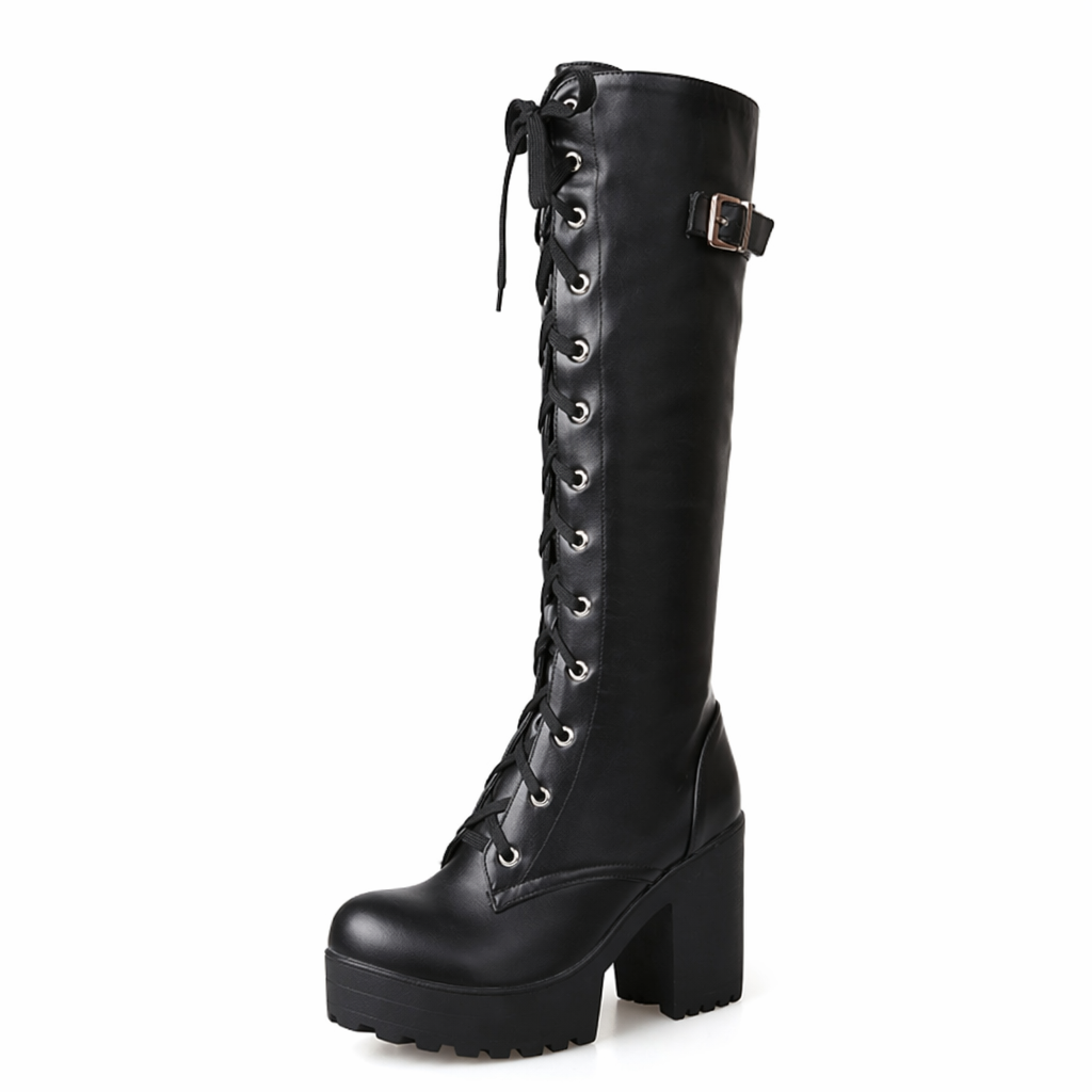 Gothic Lace-Up Knee-High Boots black shoes