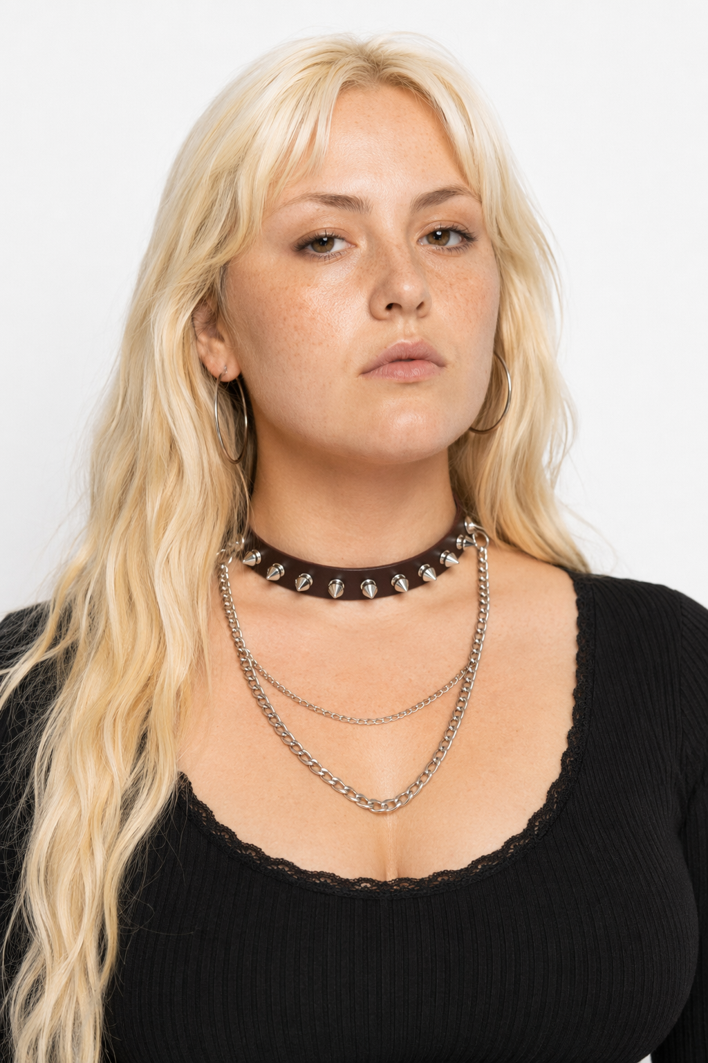 Studded Chain Leather Choker Coffee