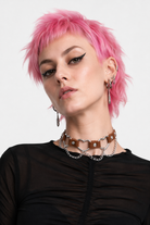 Faux Leather Heart Chain Choker' brown