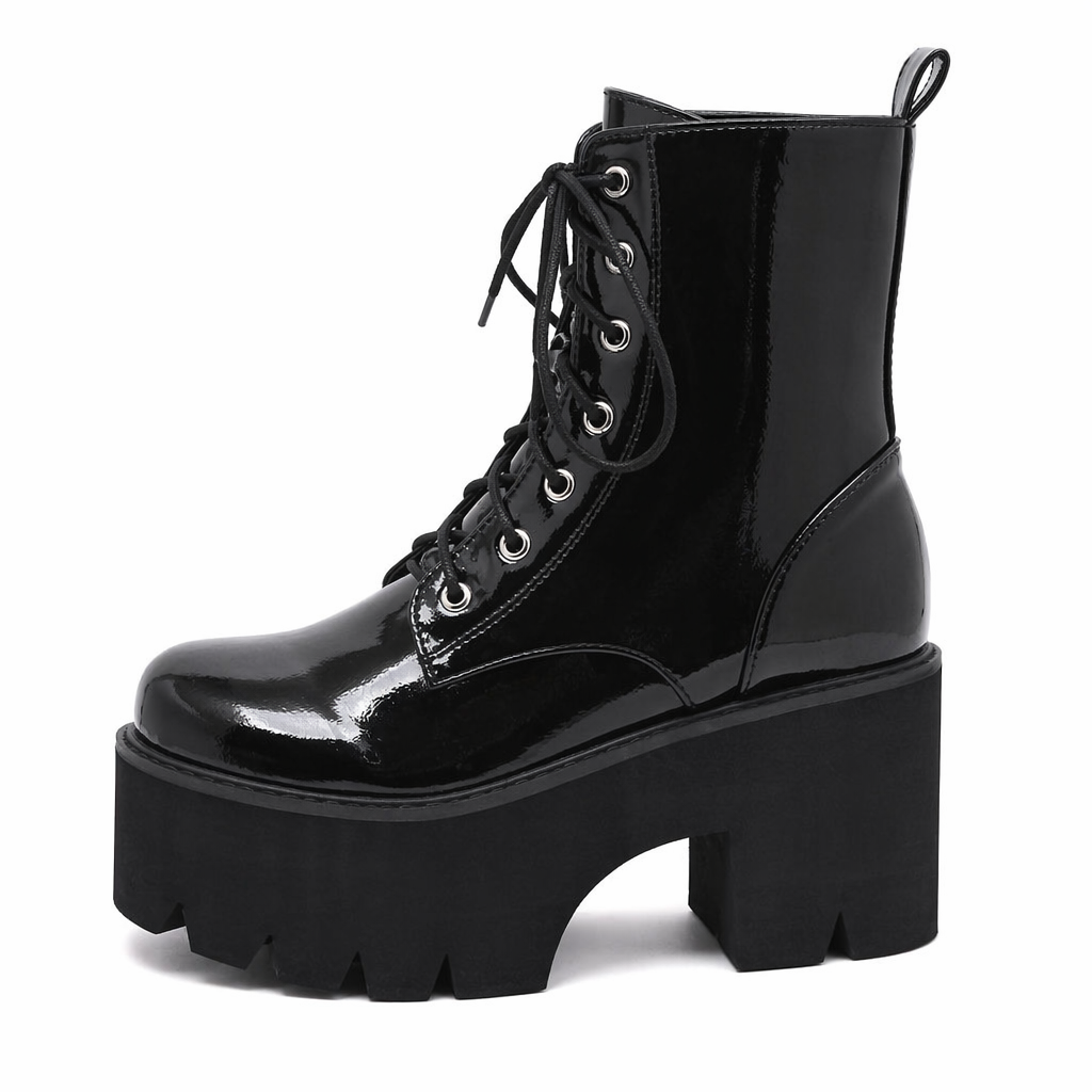 "Patent Platform Lace-up Boots" black shoes