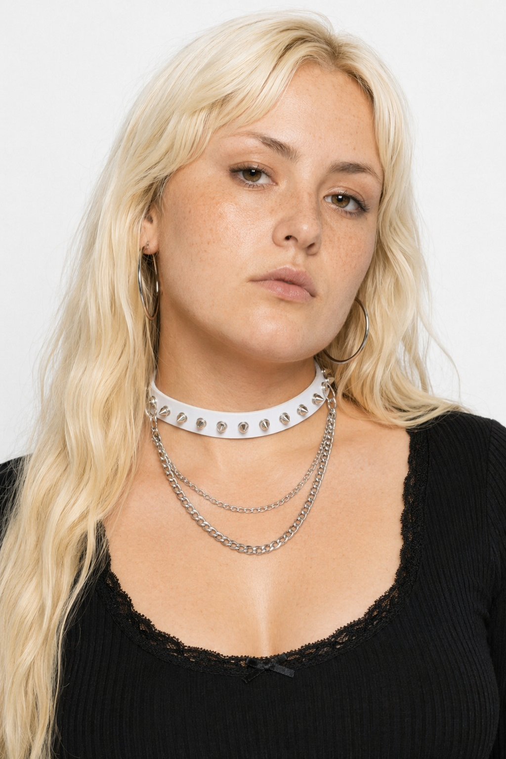 Studded Chain Leather Choker White