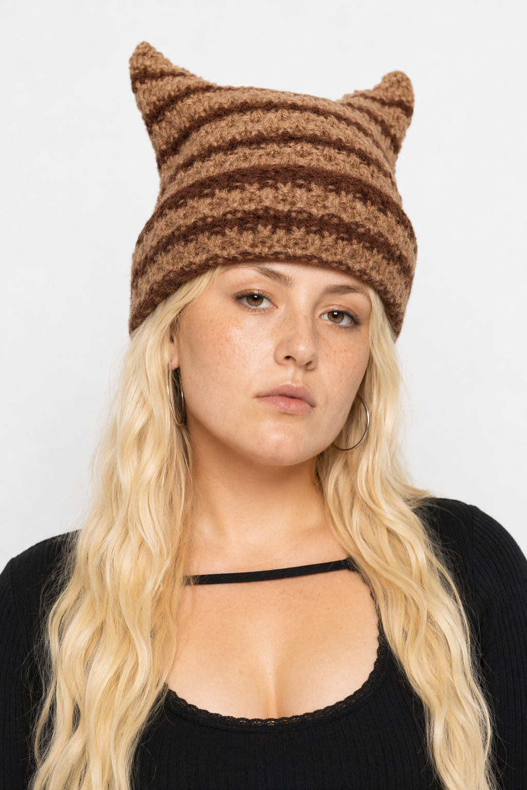 Devilish Striped Harajuku Cat Beanie Brown striped