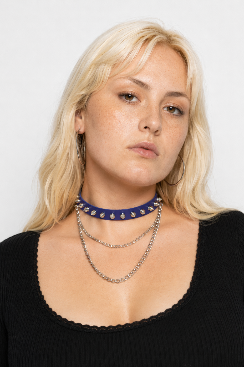 Studded Chain Leather Choker Blue