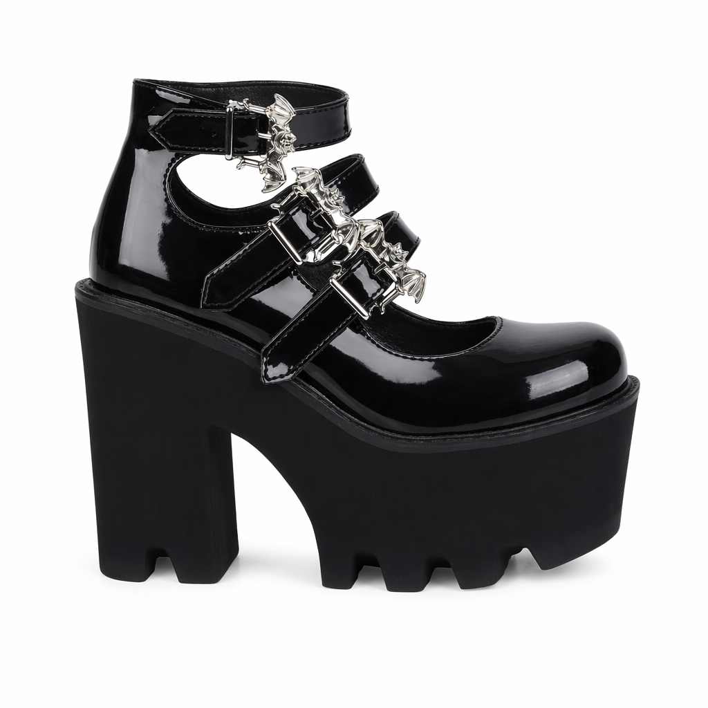 Gothic Bat Buckle Boots Black
