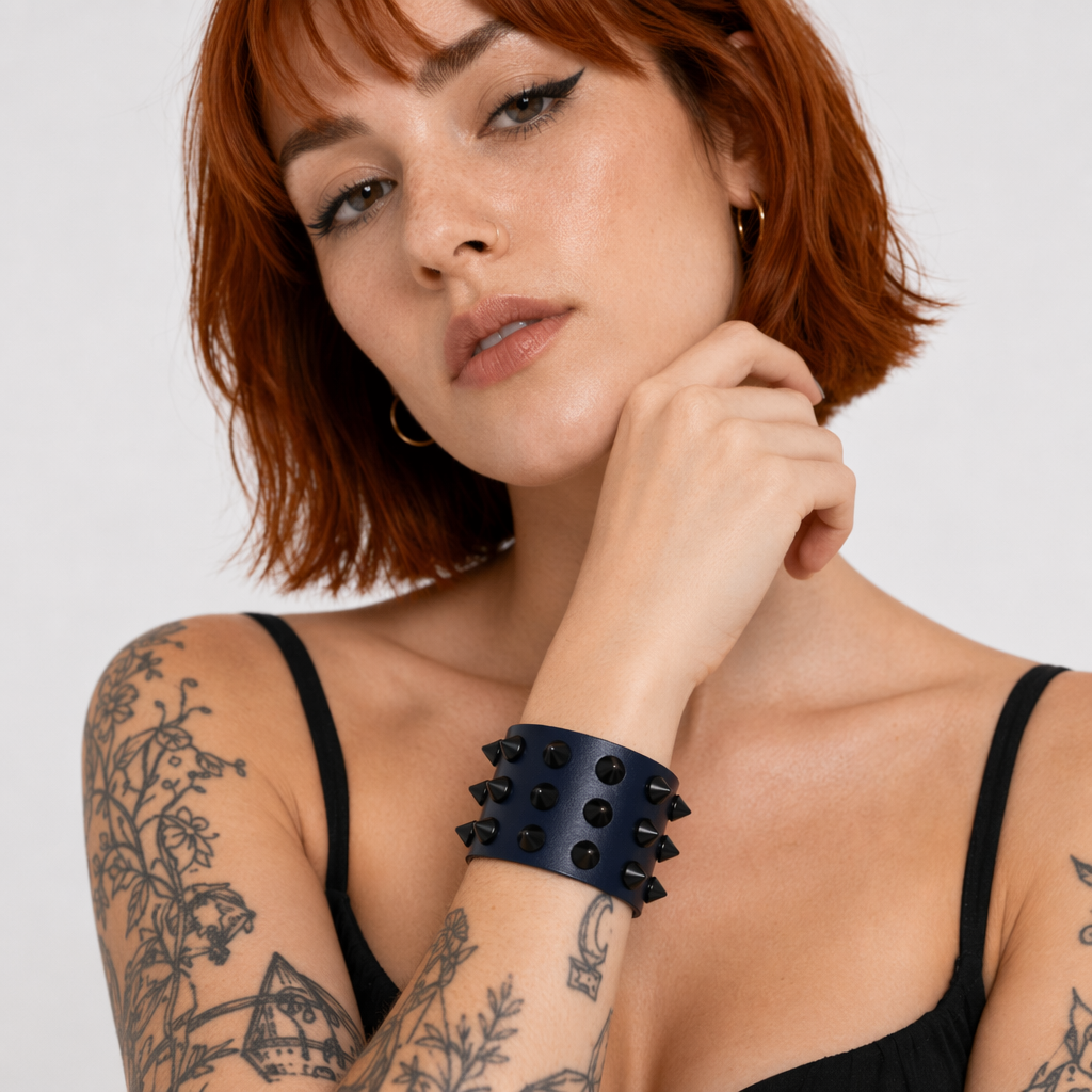 Colorful Spike Leather Bracelet Navy