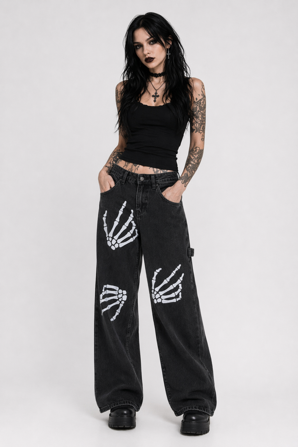 "Skeleton Baggy Denim" black