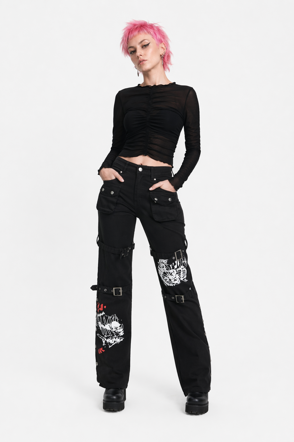 "Black Baggy Buckle Cargo Pants" Black