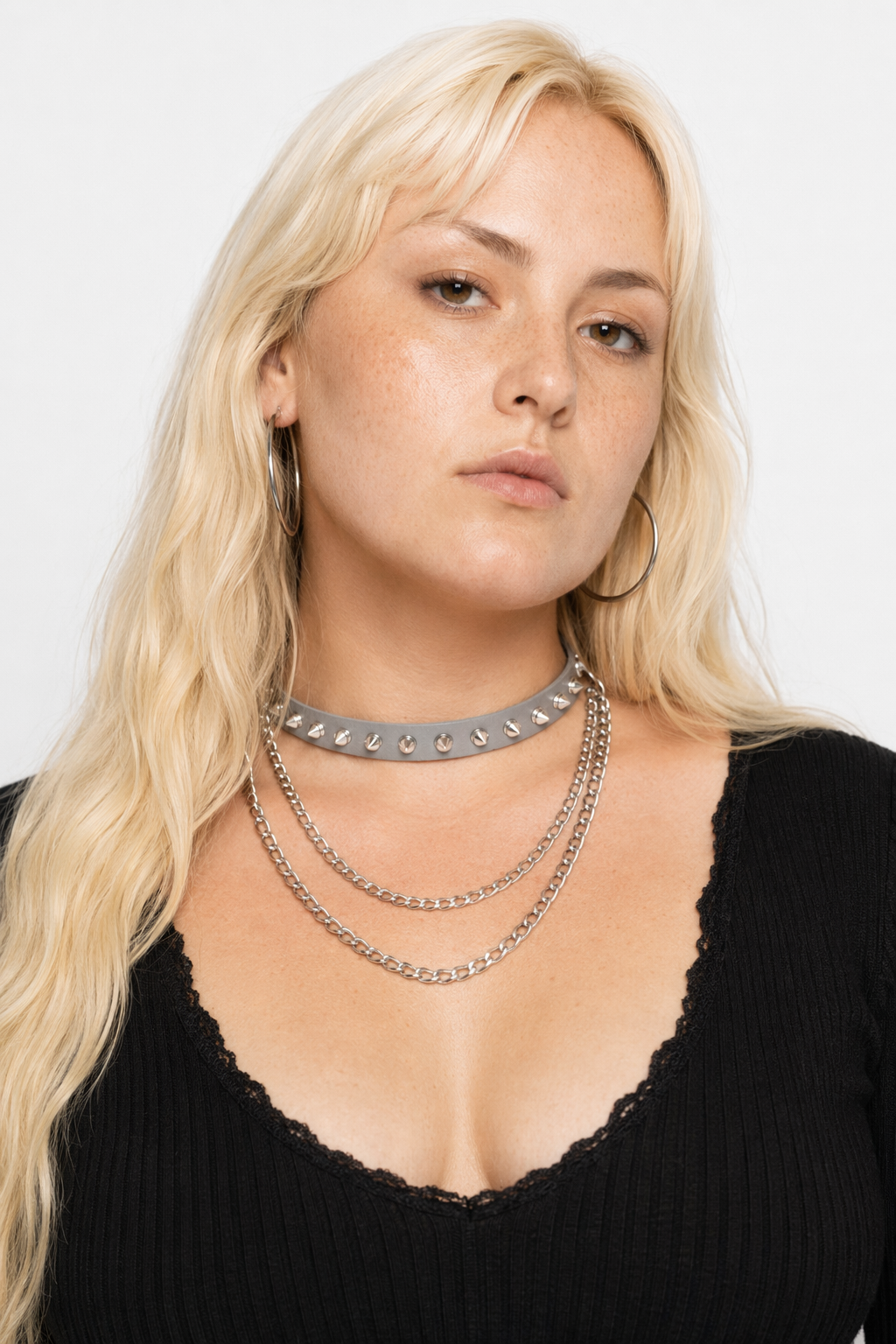Studded Chain Leather Choker Gray
