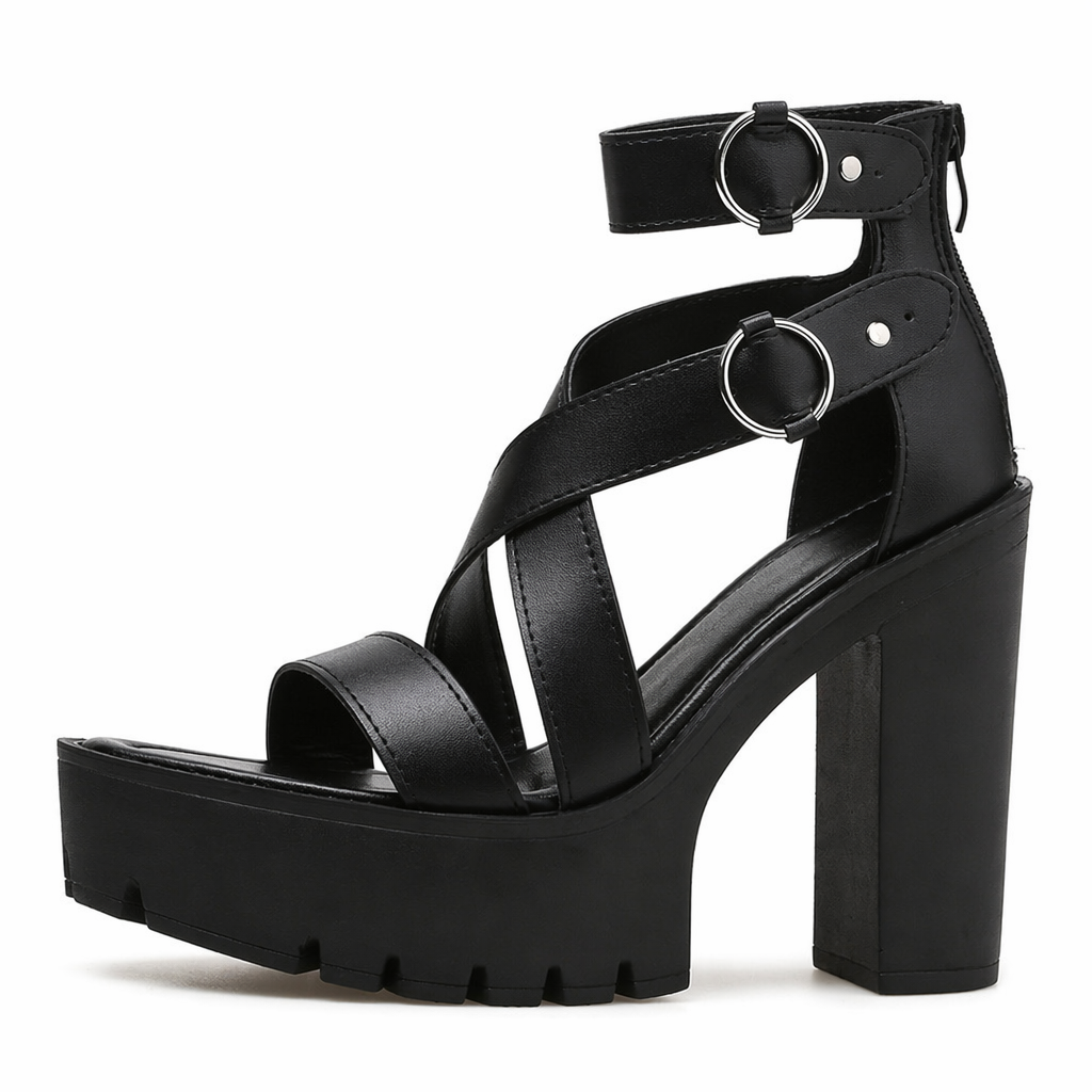 Black Goth Strap Shoes' black