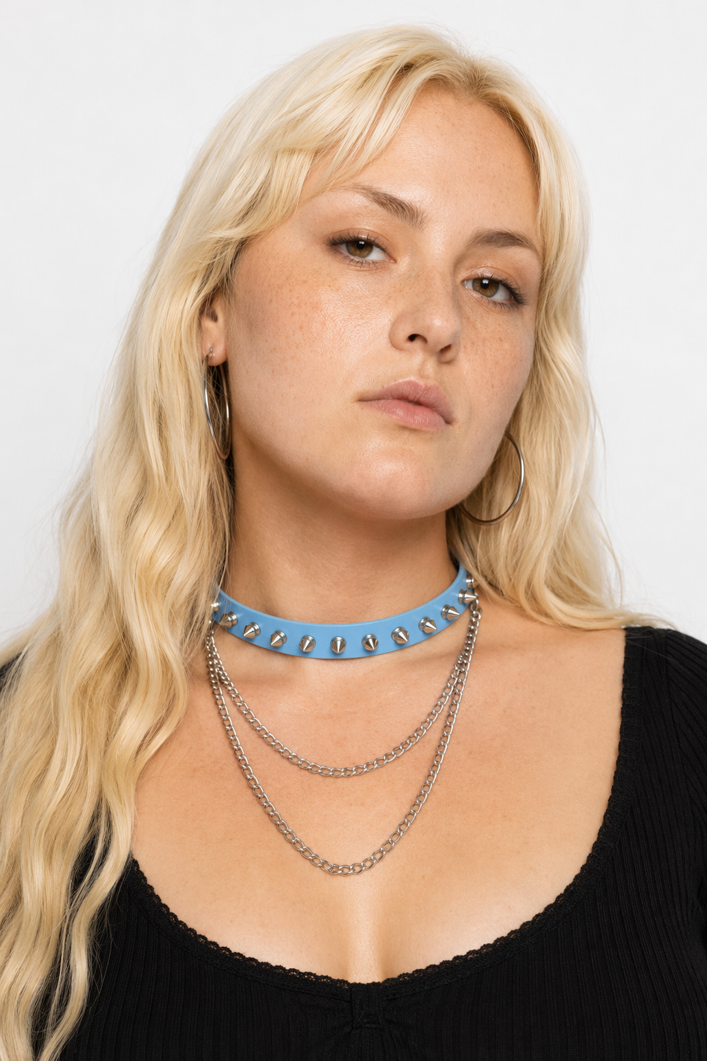 Studded Chain Leather Choker Light Blue