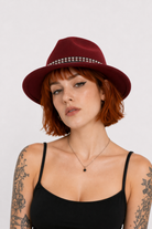 "Black Stud Fedora Hat" Wine red