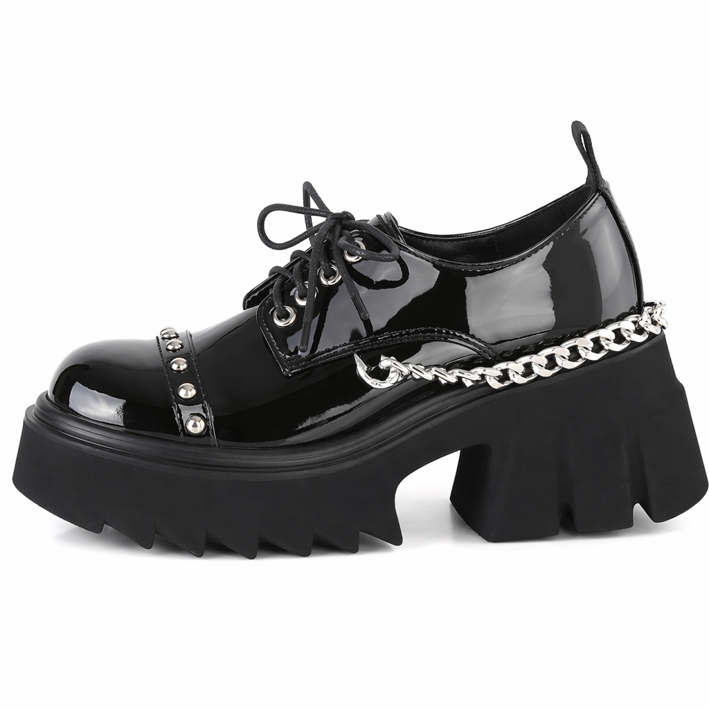 Gothic Chain-Studded Black Shoes. Patent effect