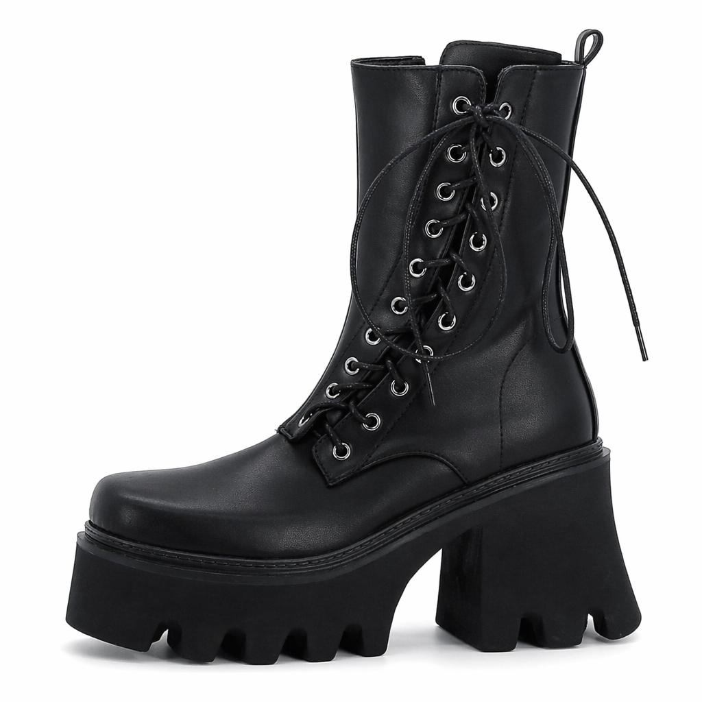 Black Lace-Up PU Leather Boots black