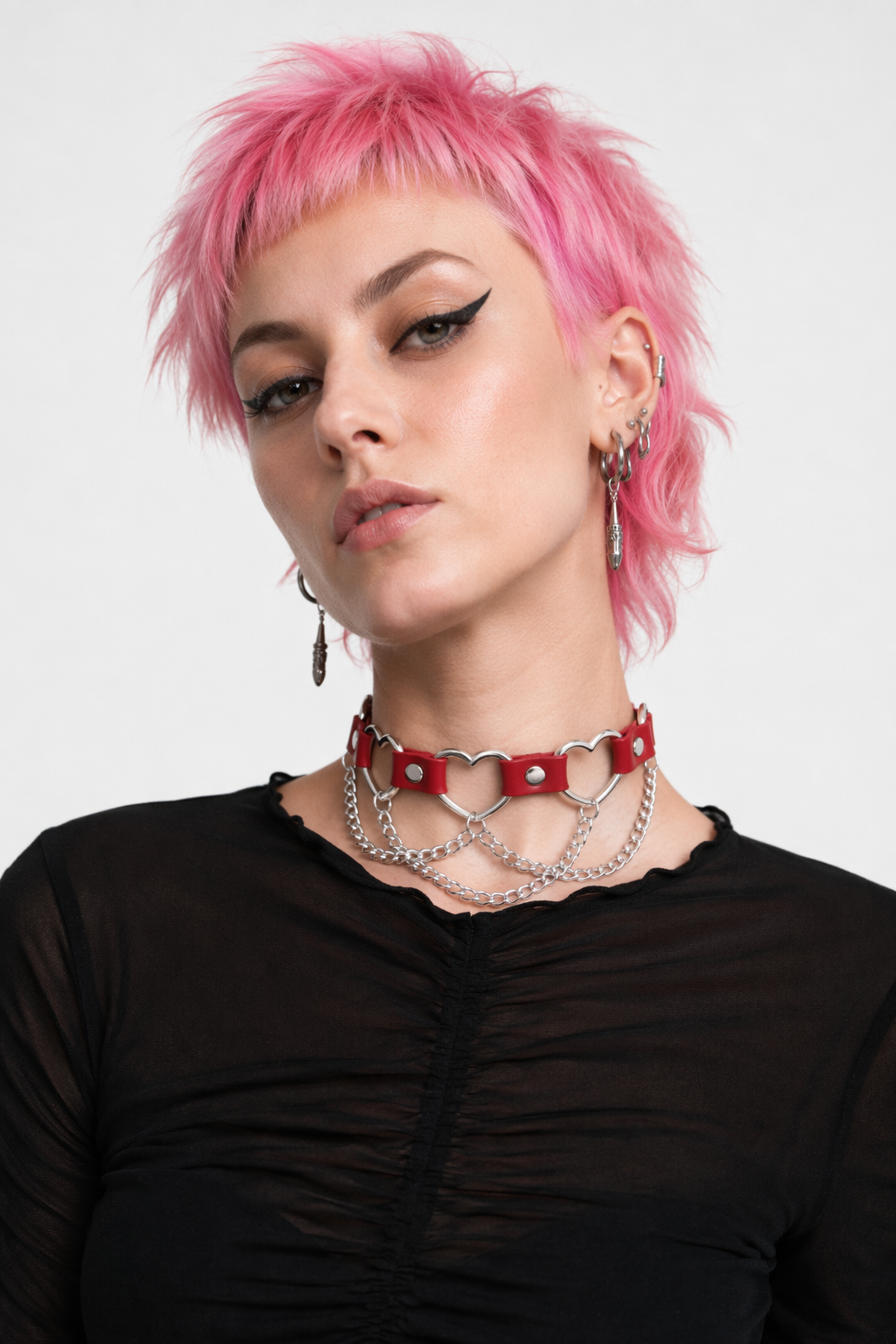 Faux Leather Heart Chain Choker' red