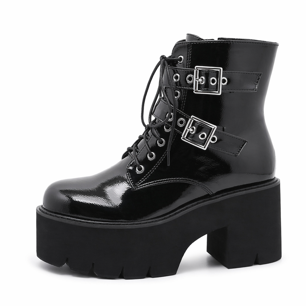 Black Patent Buckle Goth Boots black shoes
