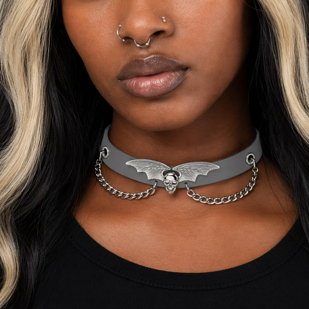 "Skull Bat Choker: Multi-Colored Option" Gray