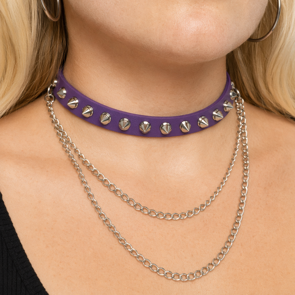 Studded Chain Leather Choker Purple