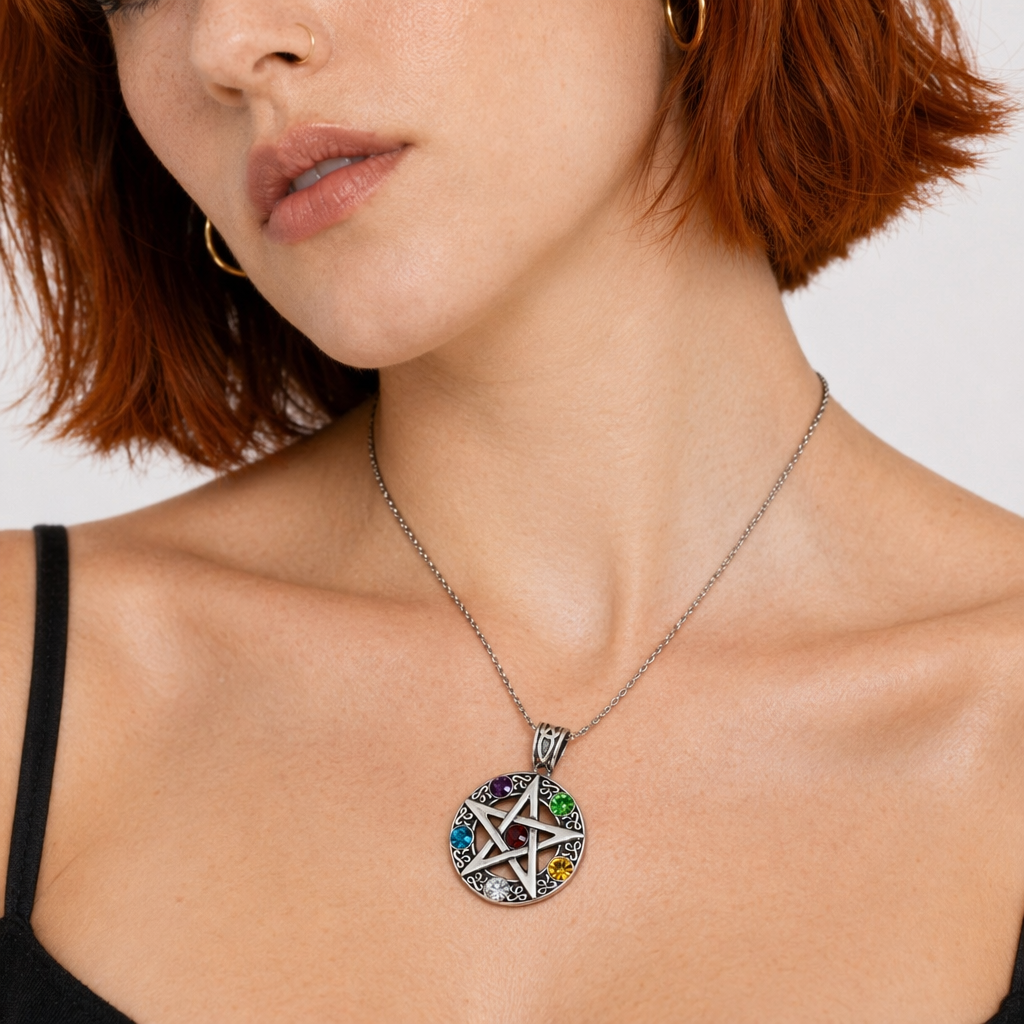 Pentagram Stone Pendant Necklace BP8-003multicolor