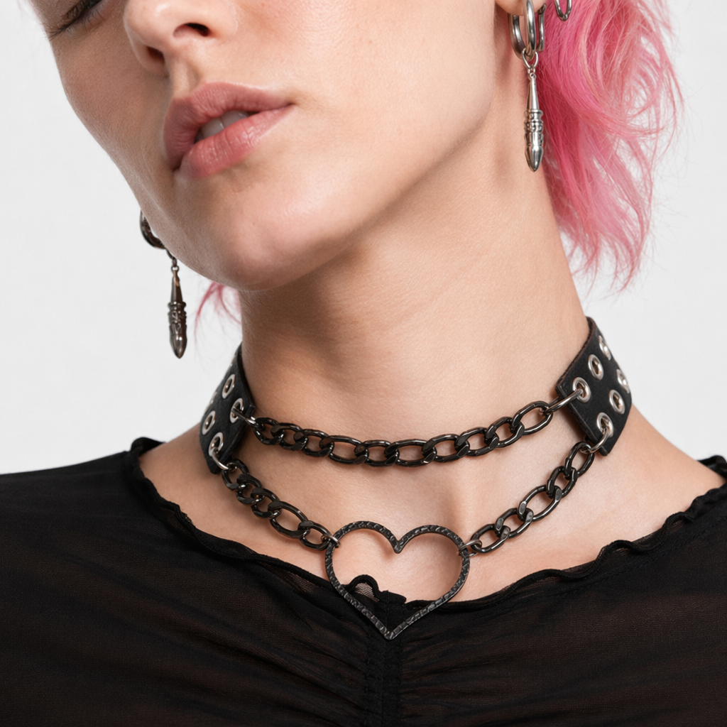 Black Heart Chain Leather Choker Default Title