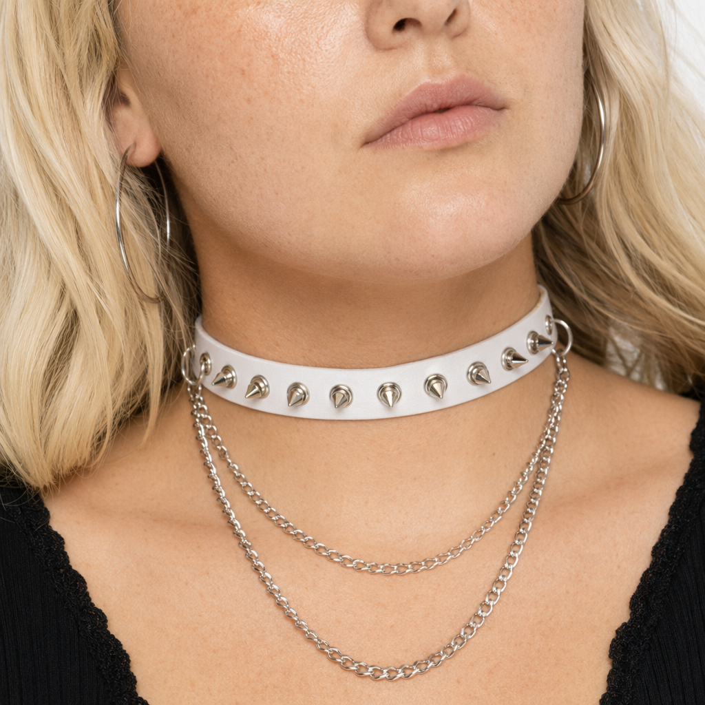 Studded Chain Leather Choker White