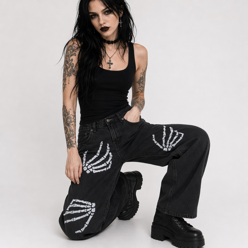 "Skeleton Baggy Denim" black
