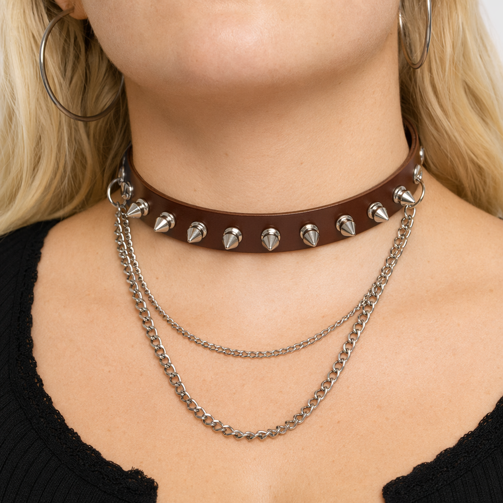Studded Chain Leather Choker Brown