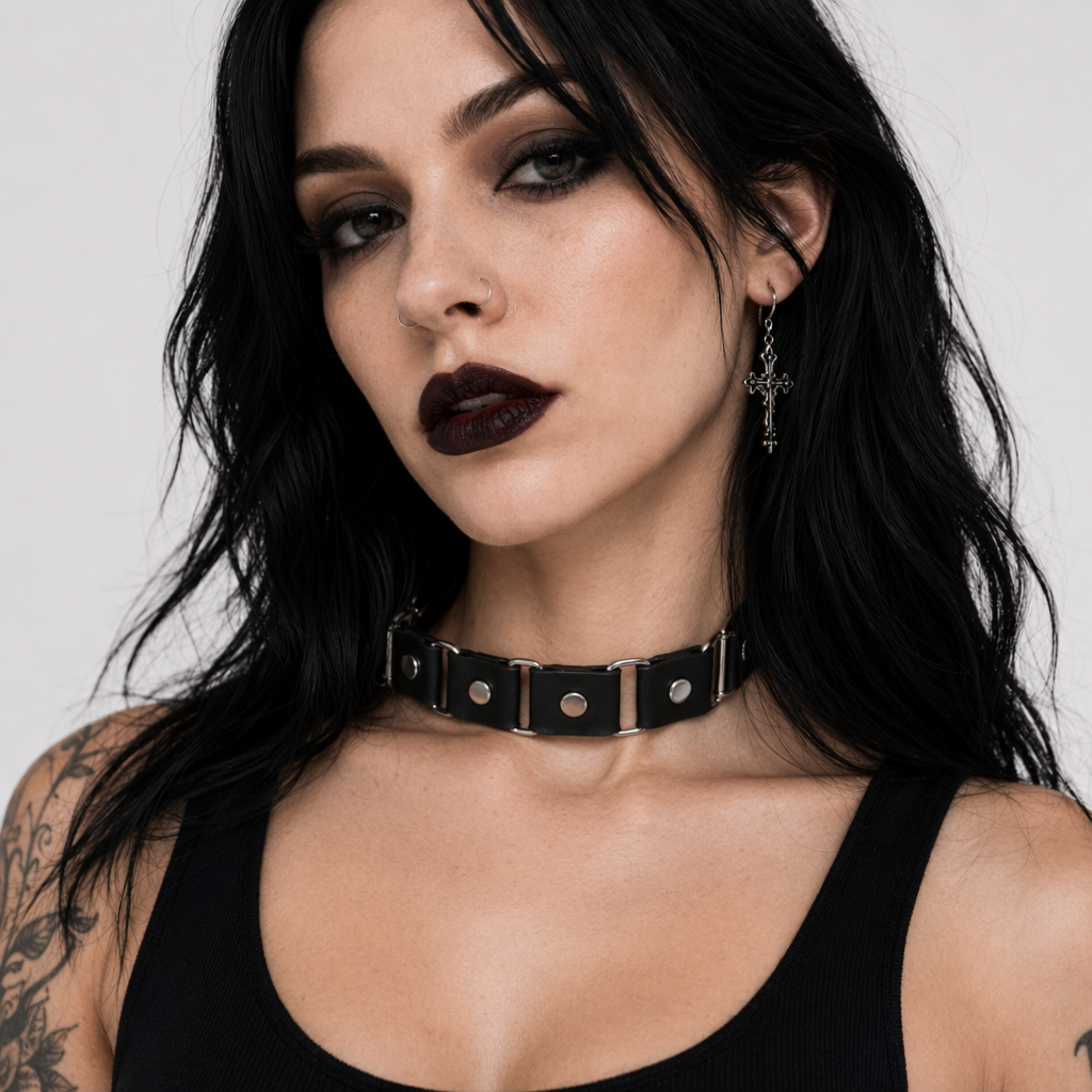 Leather Neck Belt with Gothic Punk Splicing Black