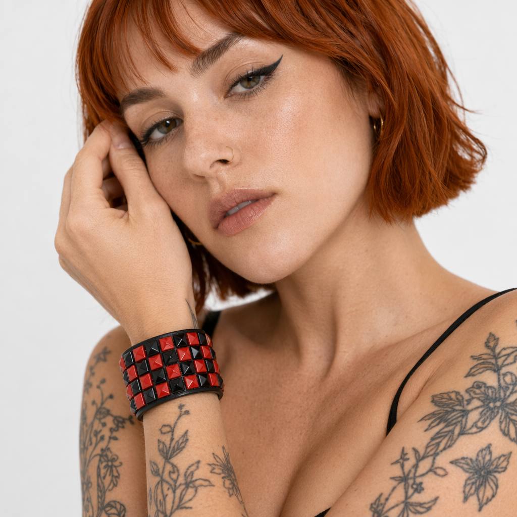 Studded PU Bracelet red black