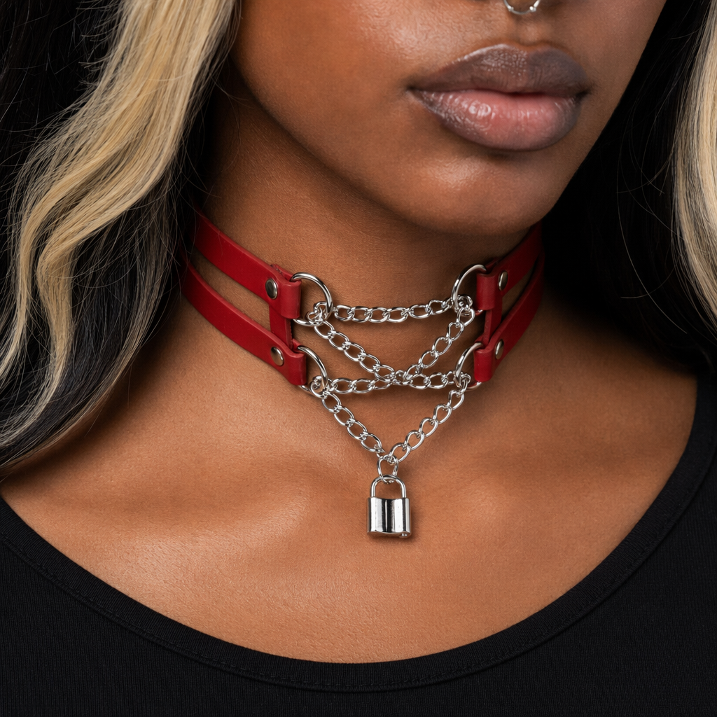 Leather Chain Choker red