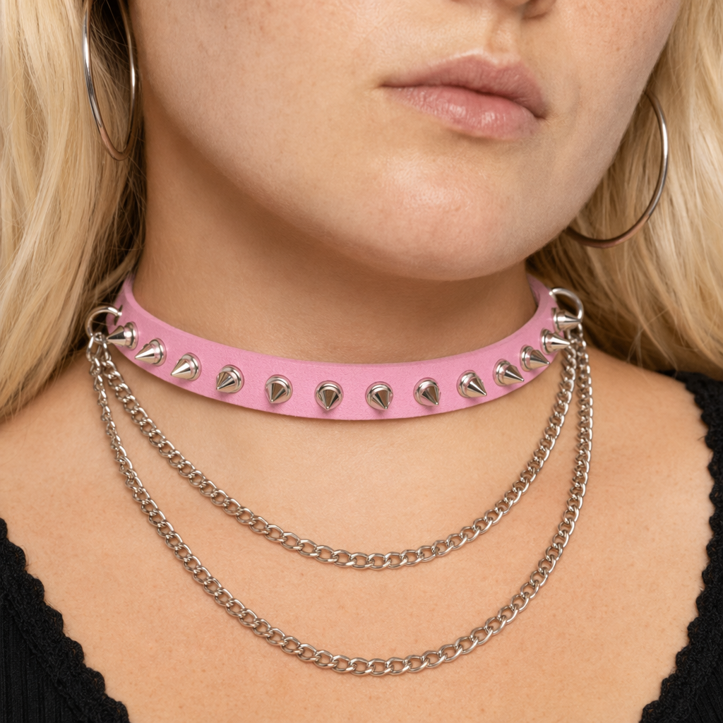 Studded Chain Leather Choker Pink