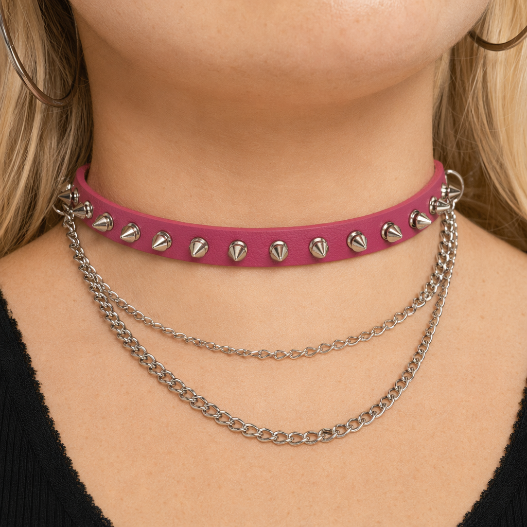 Studded Chain Leather Choker Rose
