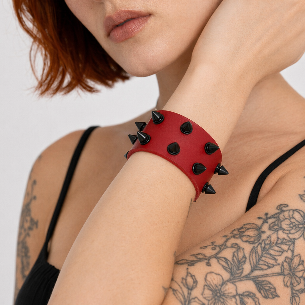 Spike Leather Bracelet - Casual red