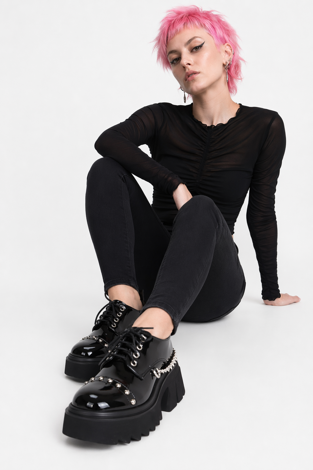 Gothic Chain-Studded Black Shoes. Patent effect