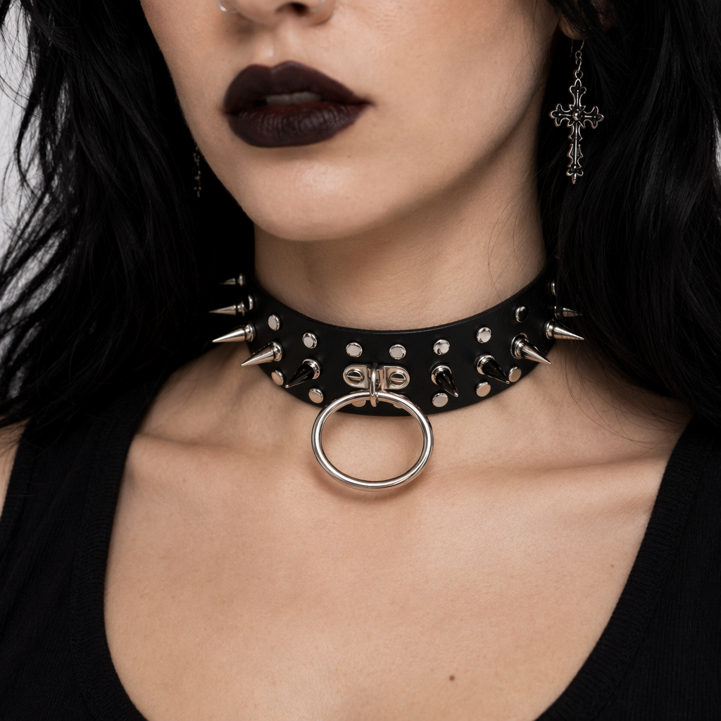 Faux Leather Spike Choker - Black Black