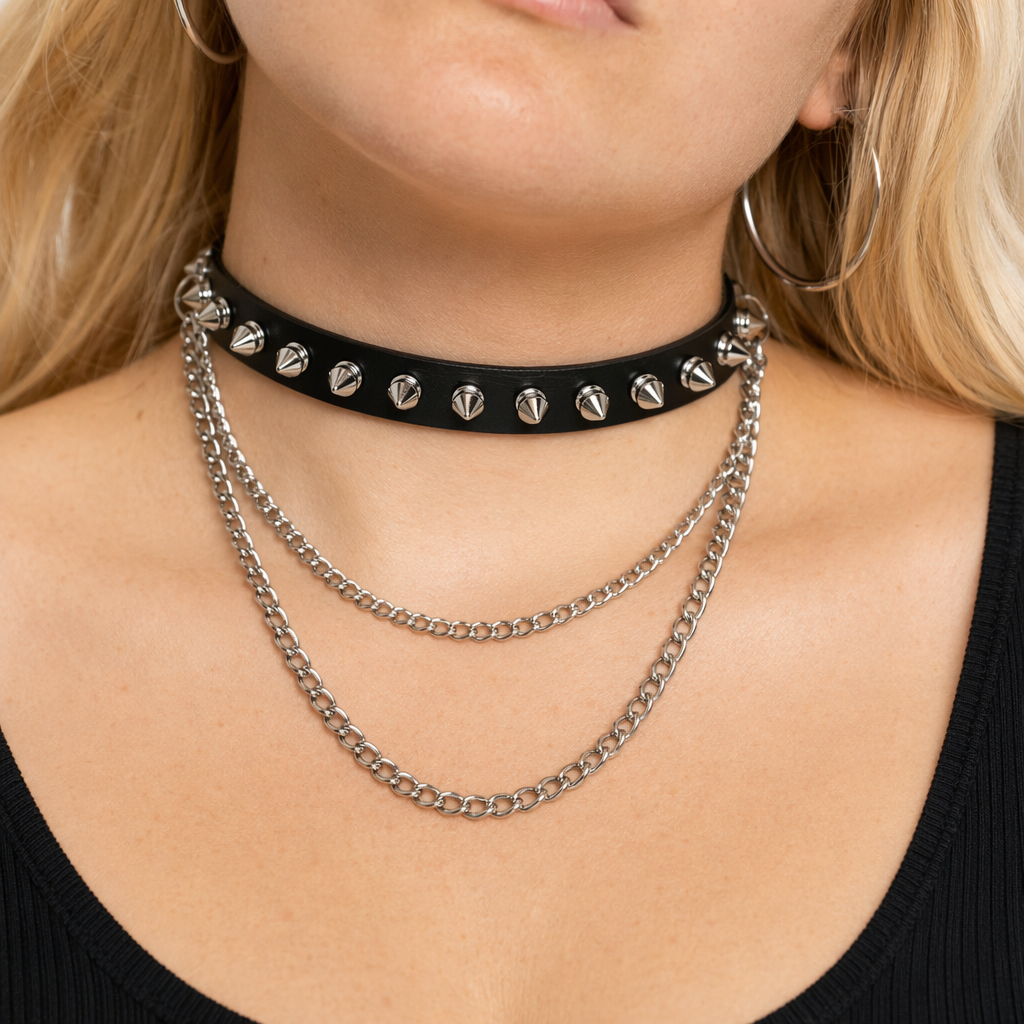 Studded Chain Leather Choker Black
