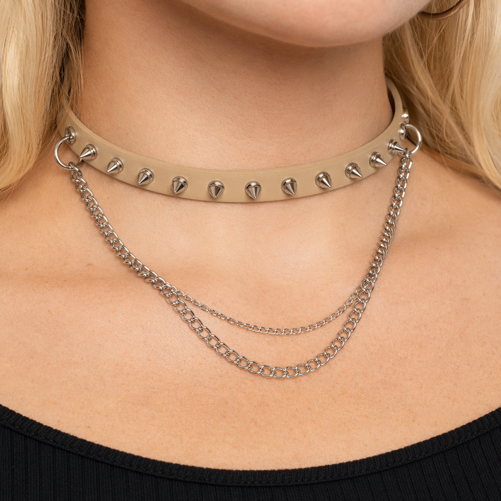 Studded Chain Leather Choker Nude