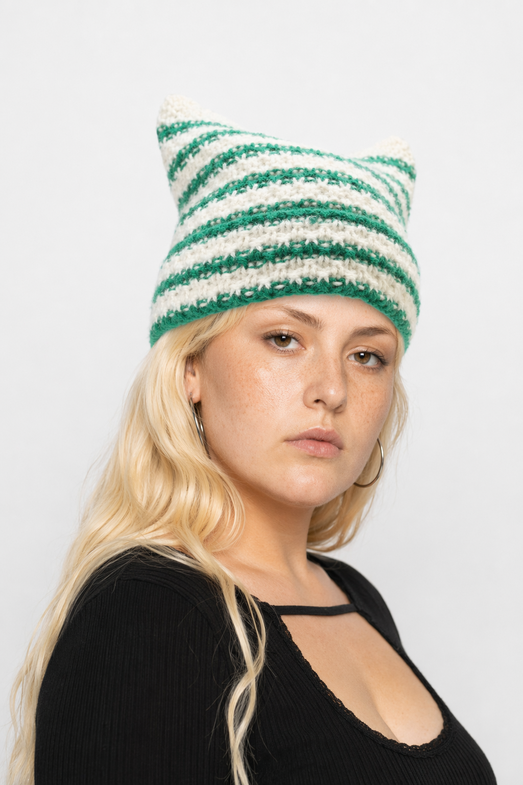 Devilish Striped Harajuku Cat Beanie Green striped